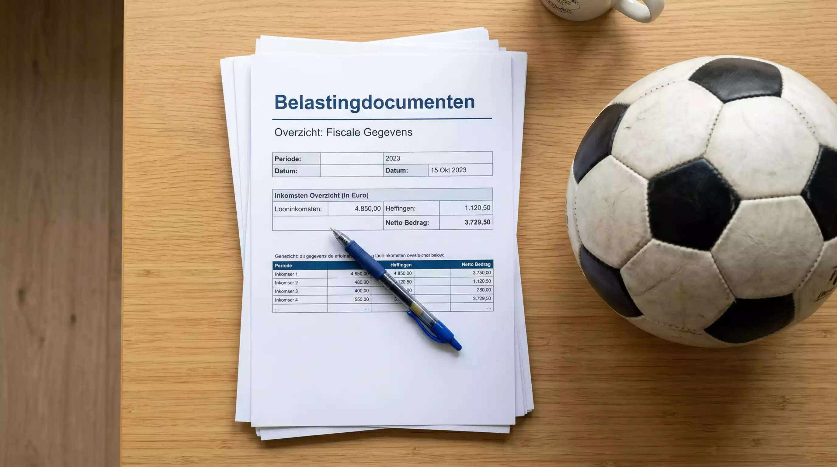 Nederlandse belastingaangifte formulieren op een bureau naast een voetbal